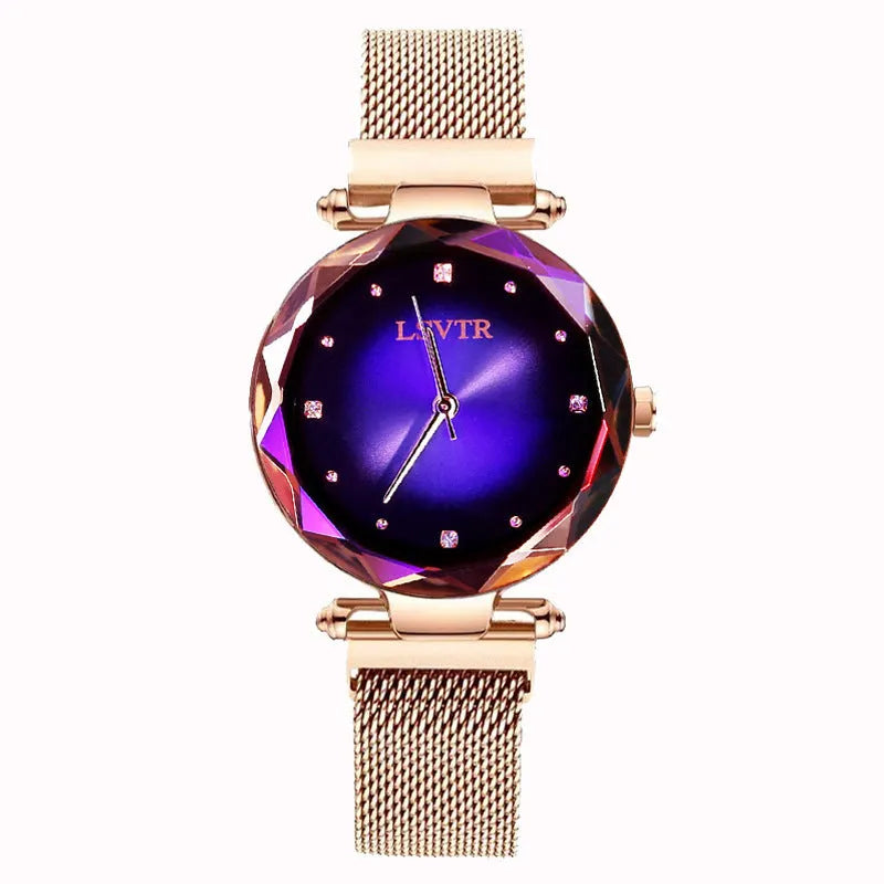 Women's starry quartz watch with magnetic strap and transparent band in L rose gold brown