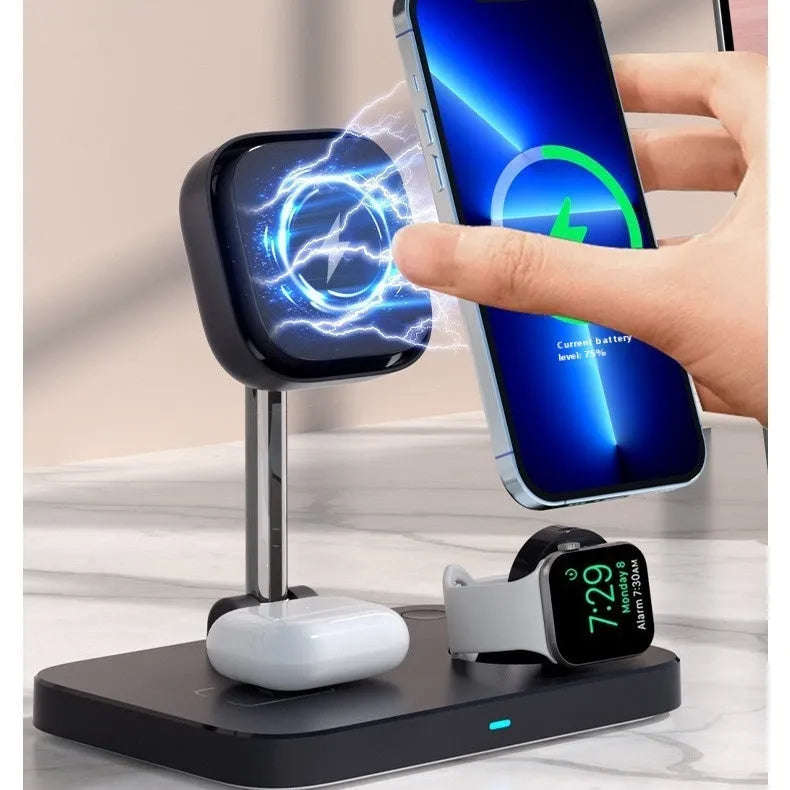 Black desktop magnetic wireless three-in-one charger with cooling bracket for phone watch earbuds