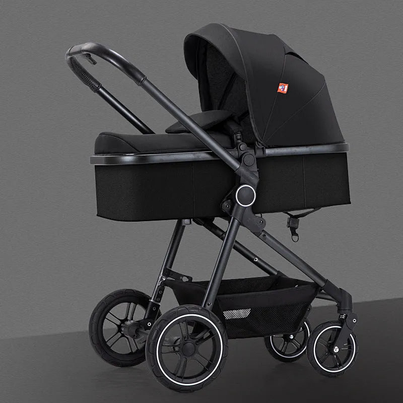 Four-wheel stroller with flat lying function, aluminium alloy frame, S-500-Classic Black colour, 15kg bearing weight, 45.5 x 20.5 x 67cm cart packaging size