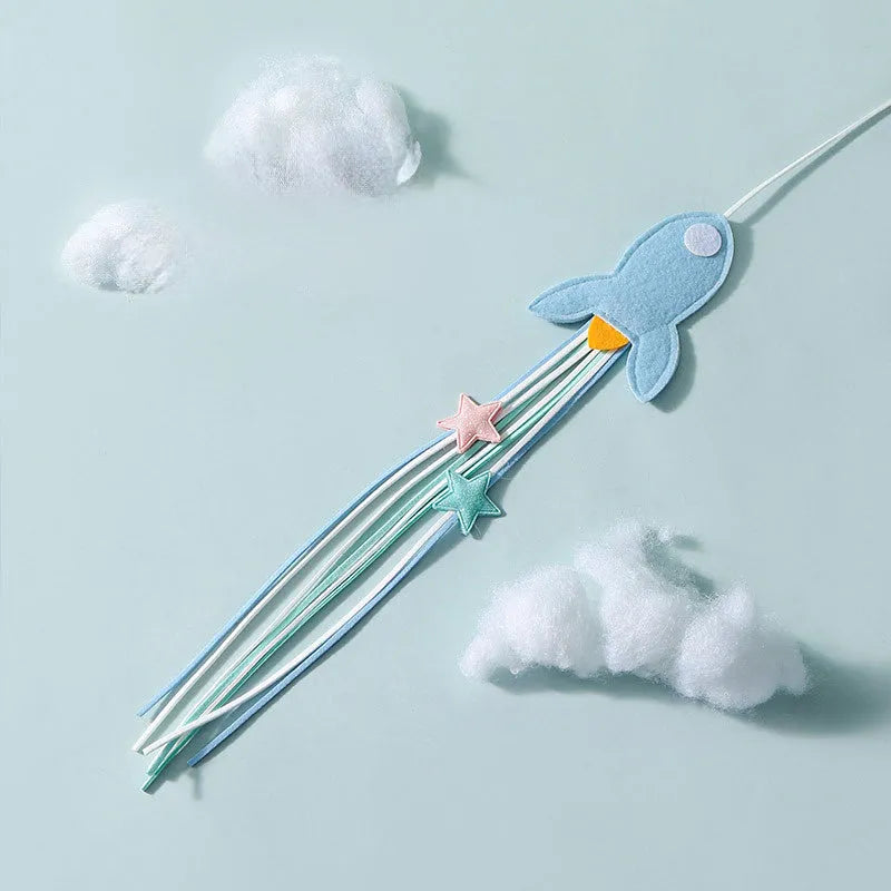 Long pole cat teaser toy with feather attachment and bite-resistant construction in blue colour