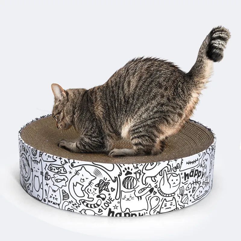Round white corrugated paper cat scratching board nest, 42x42x10cm extra large, on a floor