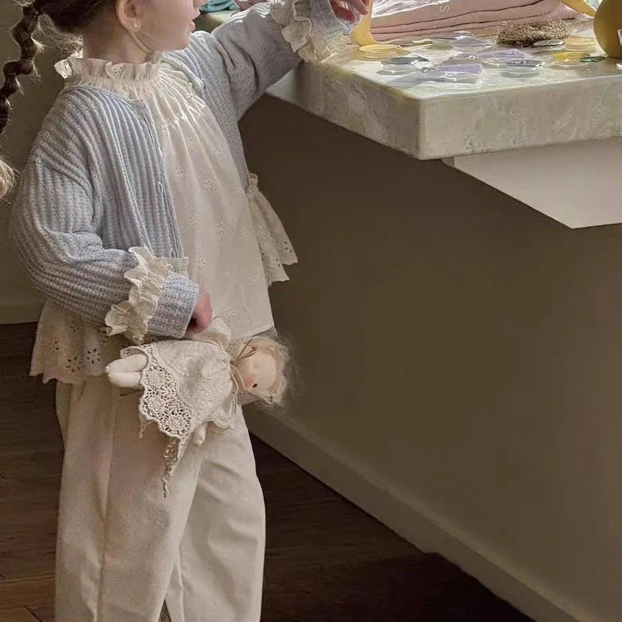 Girls mori style three-piece suit with knitted cardigan beige shirt and wide-leg cake pants in cotton