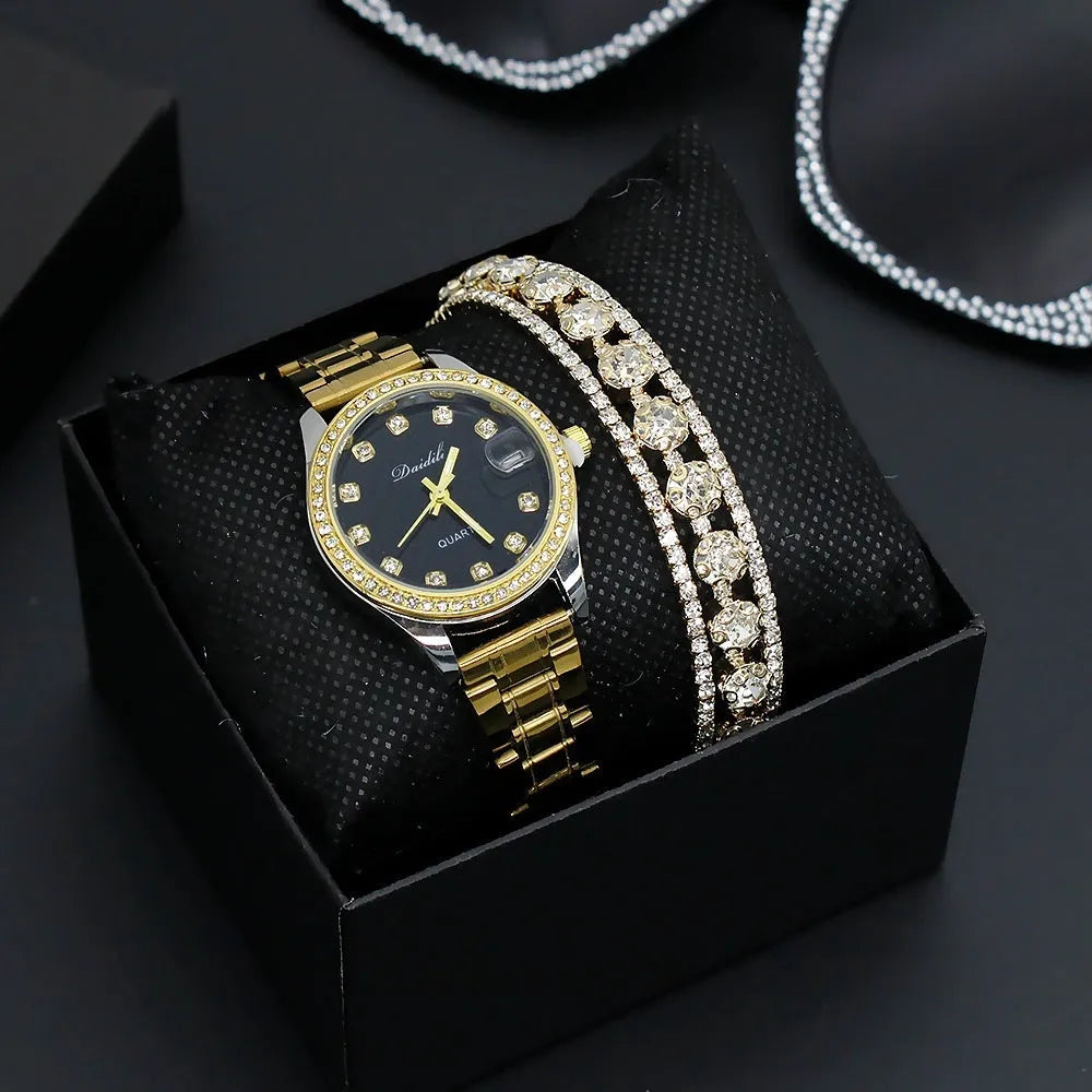 Women's fashion bracelet watch with gold or silver strap, three-row rhinestone detail, black or white face, 8mm case