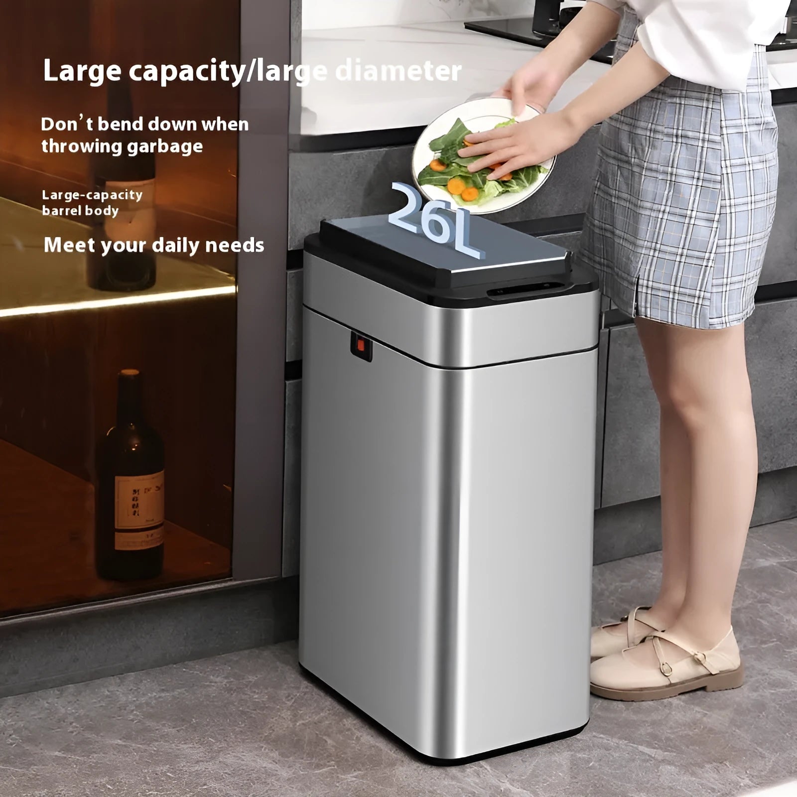 Stainless steel automatic sensor touchless trash can with deodorant and square bucket shape.