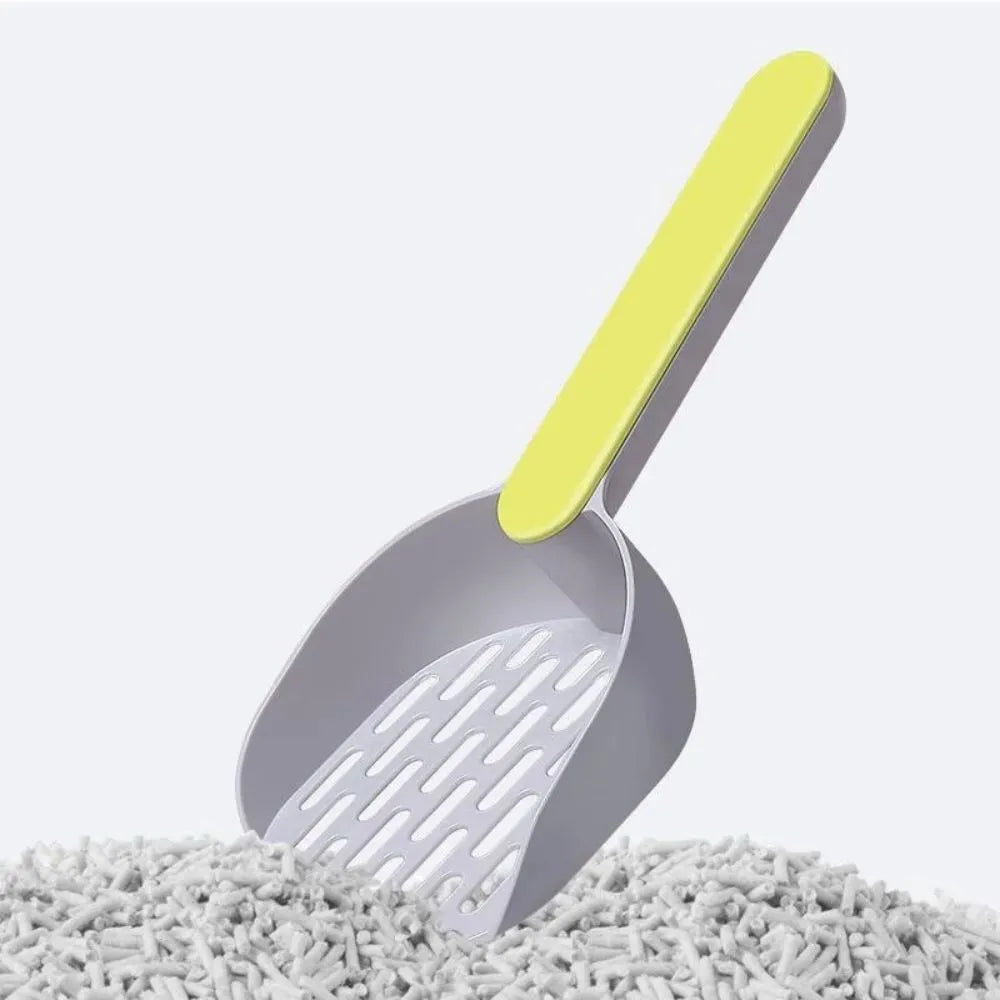 Blue plastic cat litter shovel for cleaning litter boxes, showing dimensions and scoop design.