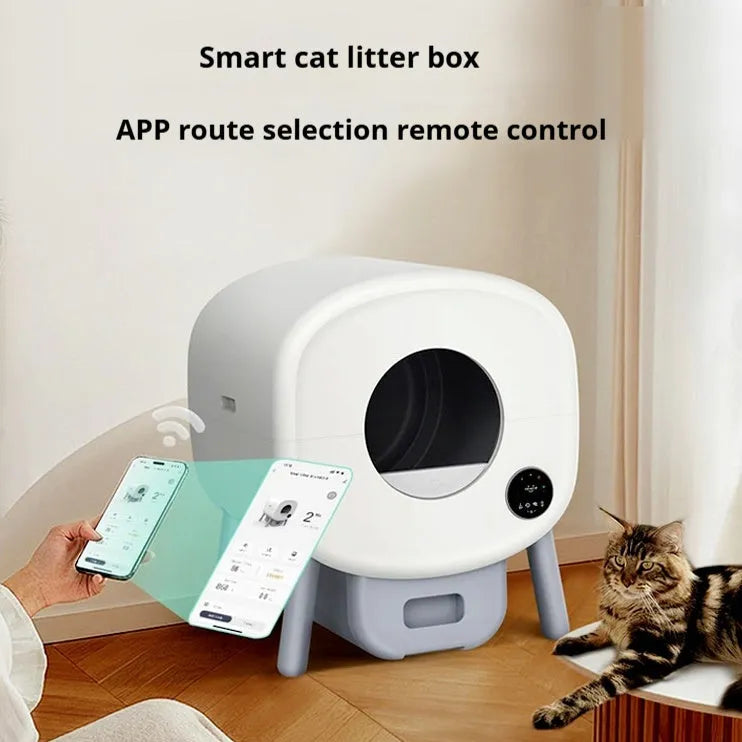 Automatic self-cleaning cat litter box with large grey ABS plastic shell and sealed waste drawer
