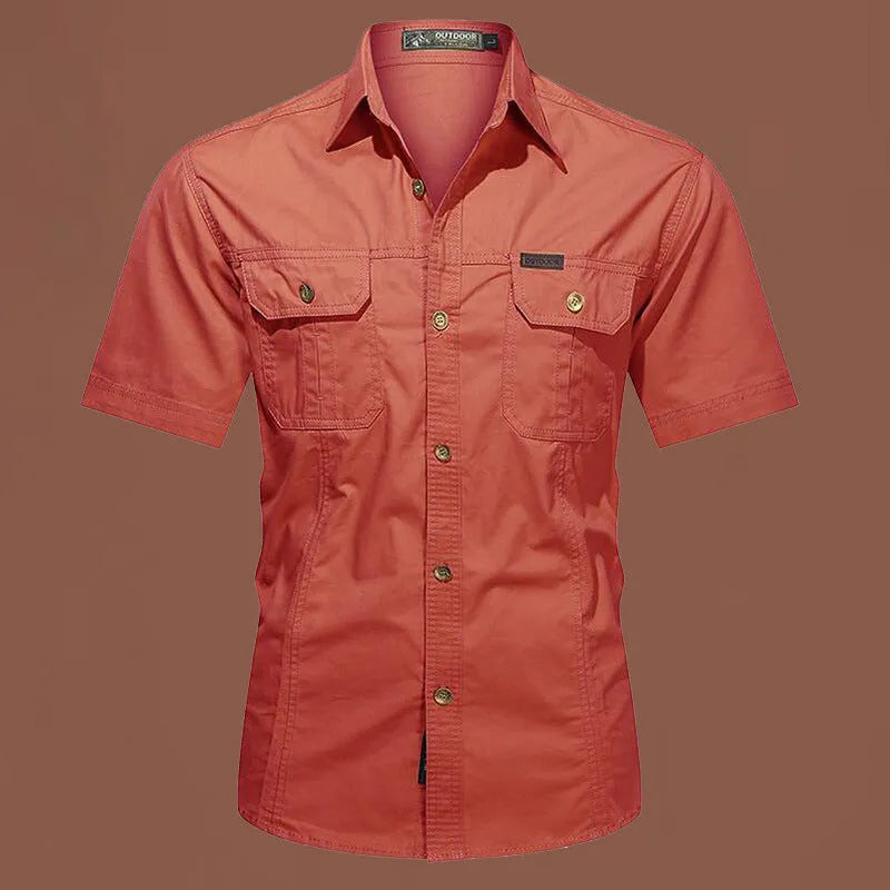 Men's short sleeve cotton work shirt in a loose cardigan style, shown in army green.