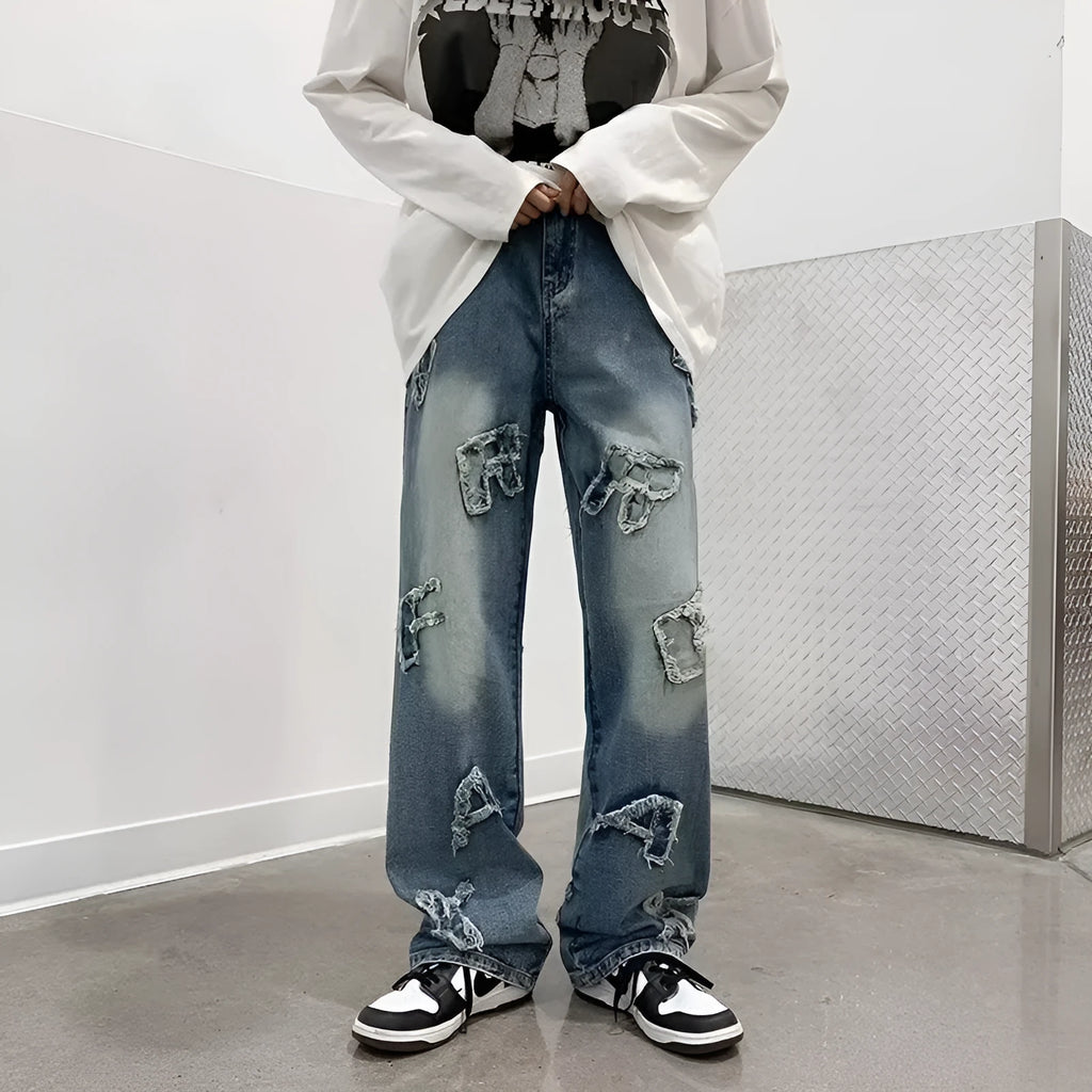 Men's blue cotton loose retro casual wide-leg trousers with mid-rise waist and straight-leg cut, sizes S to XXXL