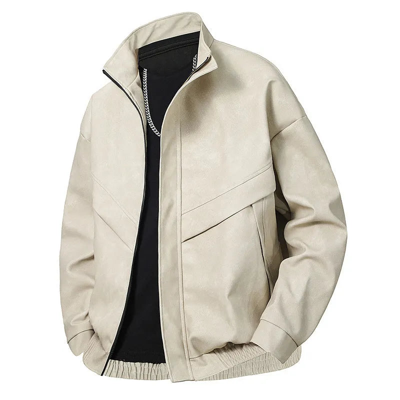 Mens slim fit PU leather coat in black gray with side pockets, straight hem, and loose fit