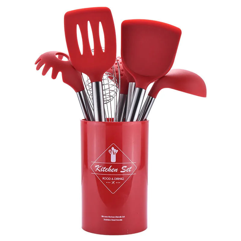 8-piece silicone kitchenware set with stainless steel tube handles in black and red, including spatulas and colander