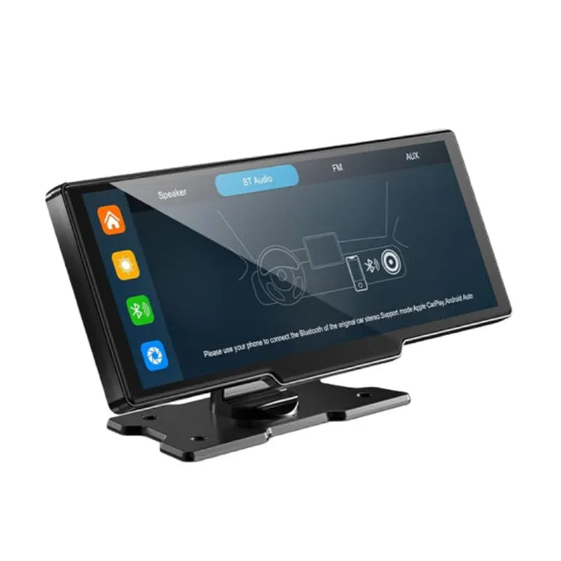 Black car navigation device with 1026-inch touch screen showing split screen display of maps and camera footage