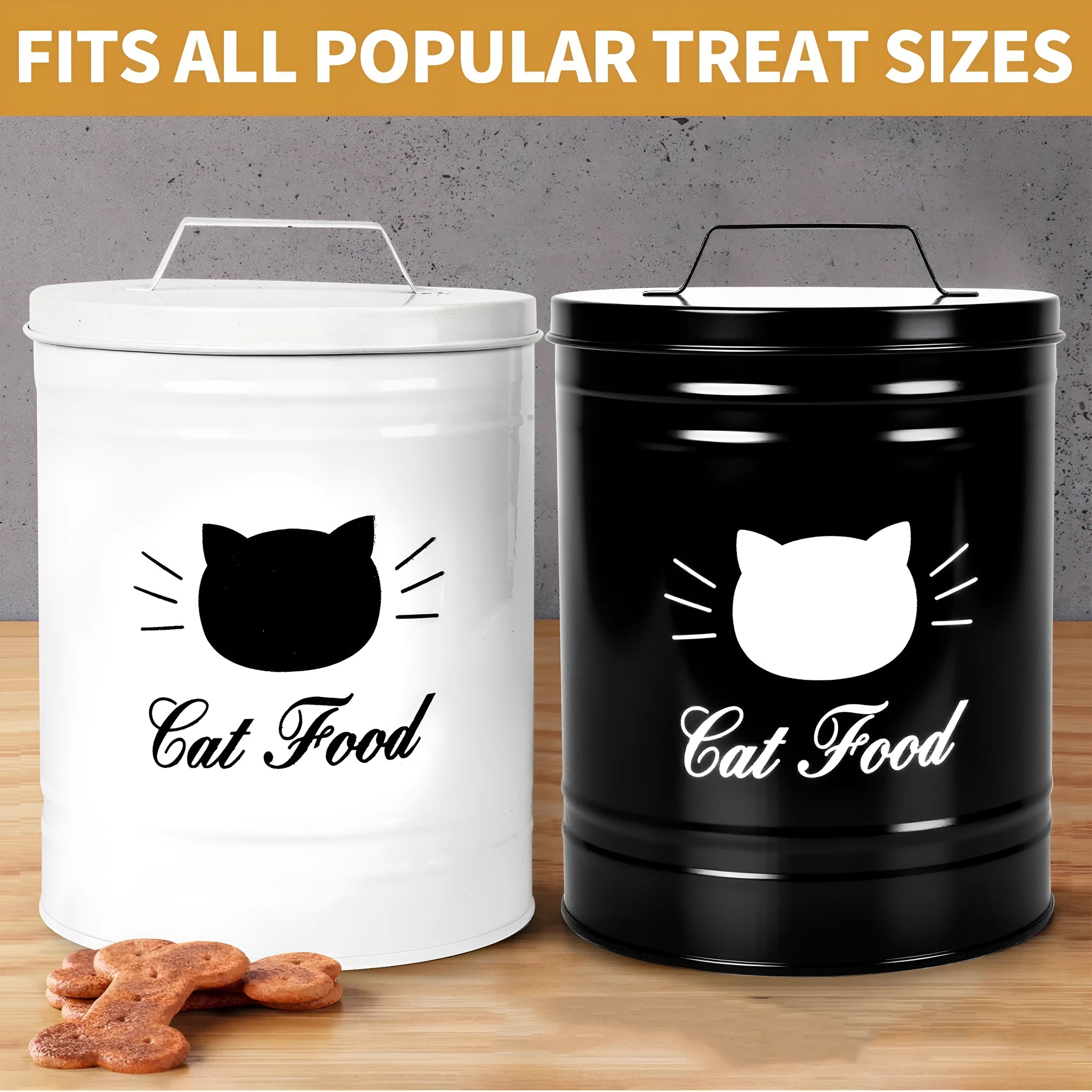 Round black iron sheet storage canister with lid on a kitchen shelf next to a white version.