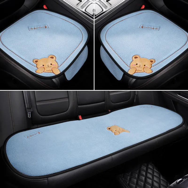 Trendy bear style car cushion three-piece set with square cushion and lumbar support in wool cotton winter filler