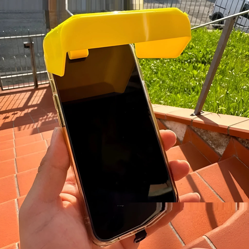 Yellow and black plastic phone sunshade with a clip-on holder for smartphones.