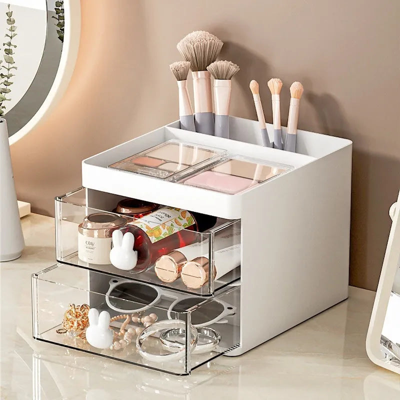 Transparent partitioned desktop storage box with grid inserts in cherry blossom pink colour