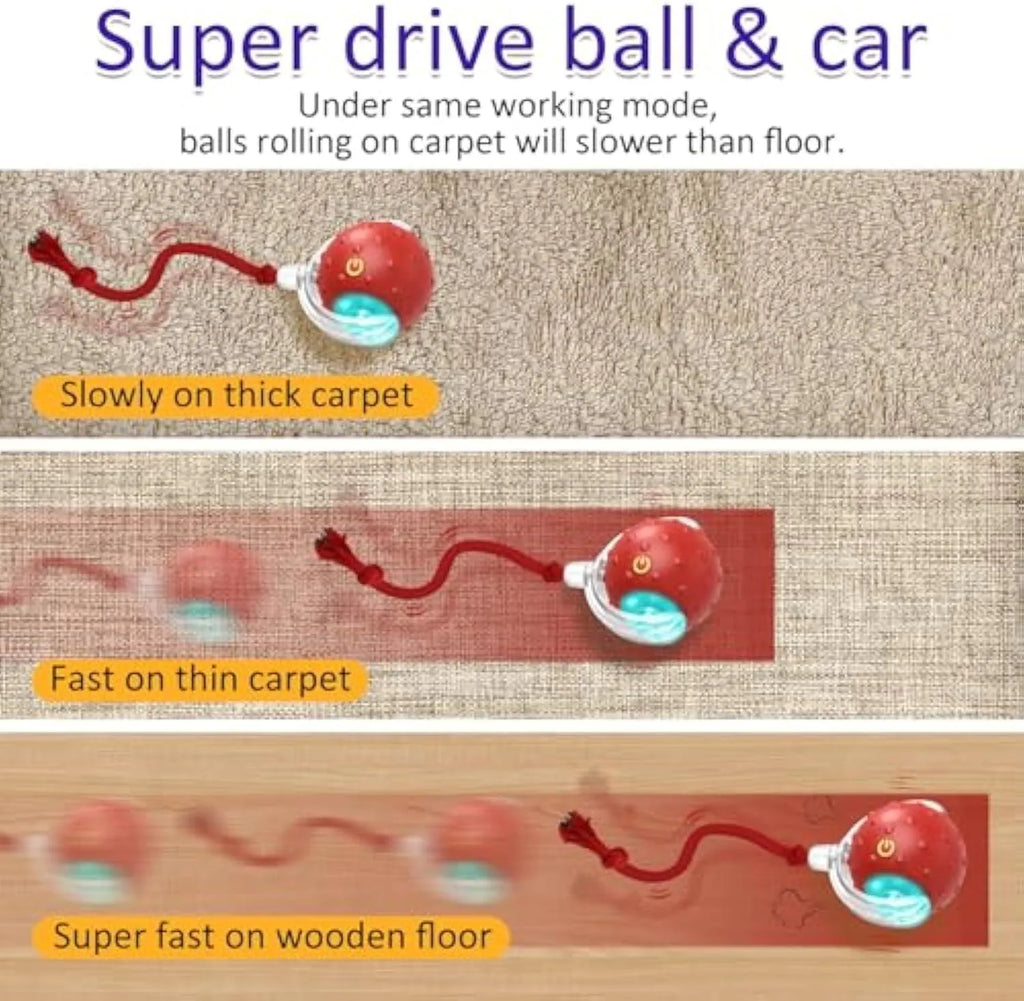 Red plastic interactive cat toy with motion activated chirping rolling on carpet for kittens