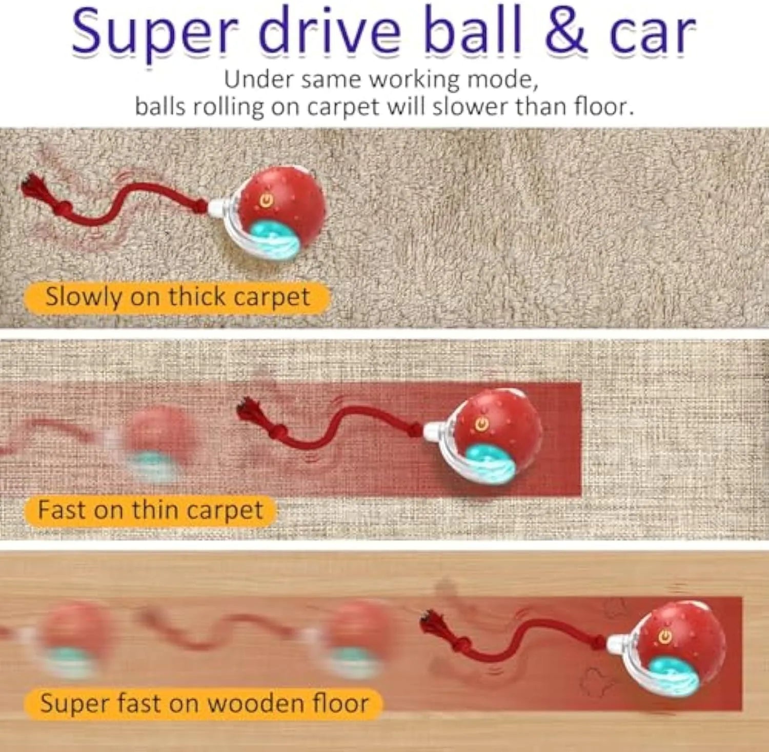 Red plastic interactive cat toy with motion activated chirping rolling on carpet for kittens