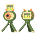 Purple and dark green children's digital camera with flip screen, silicone case, and neck lanyard.