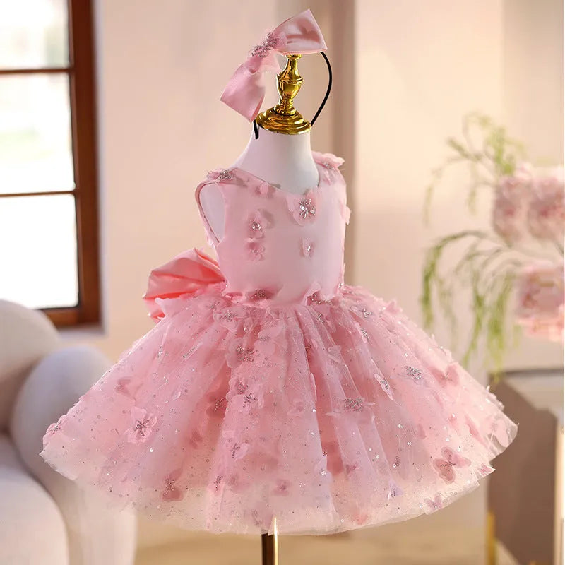 Pink children's little princess dress with polyester fabric, suitable for flower girls, sizes 80cm to 150cm