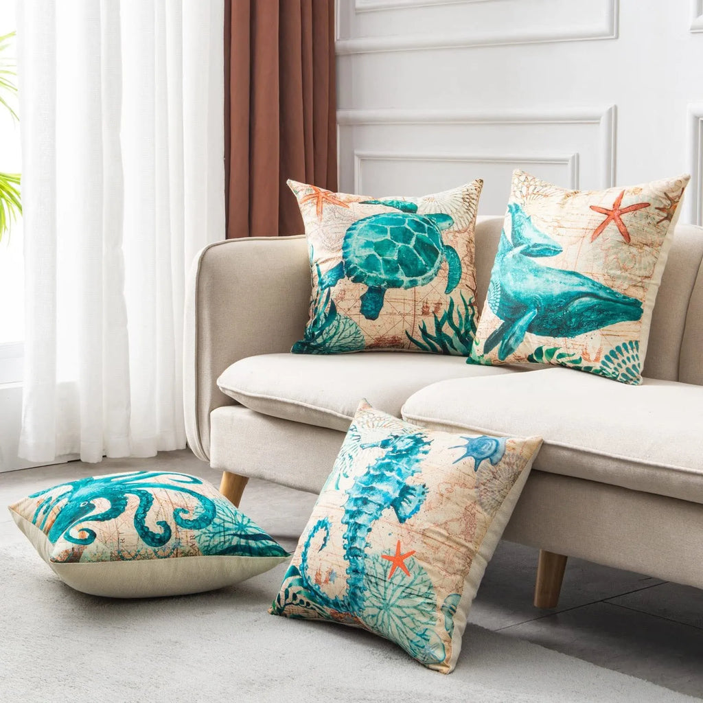 Square linen cushion cover with a colourful high-definition sea turtle print, showing the invisible zipper.