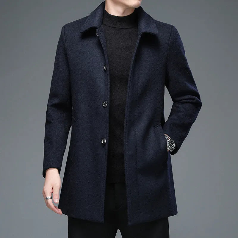 Mid-length Korean style trench coat with lapel collar and long sleeves in dark blue wool blend