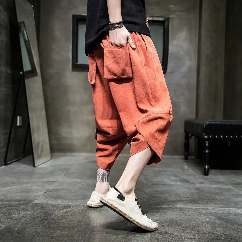 Ice silk harem casual pants for women, loose cropped style, black polyester fibre
