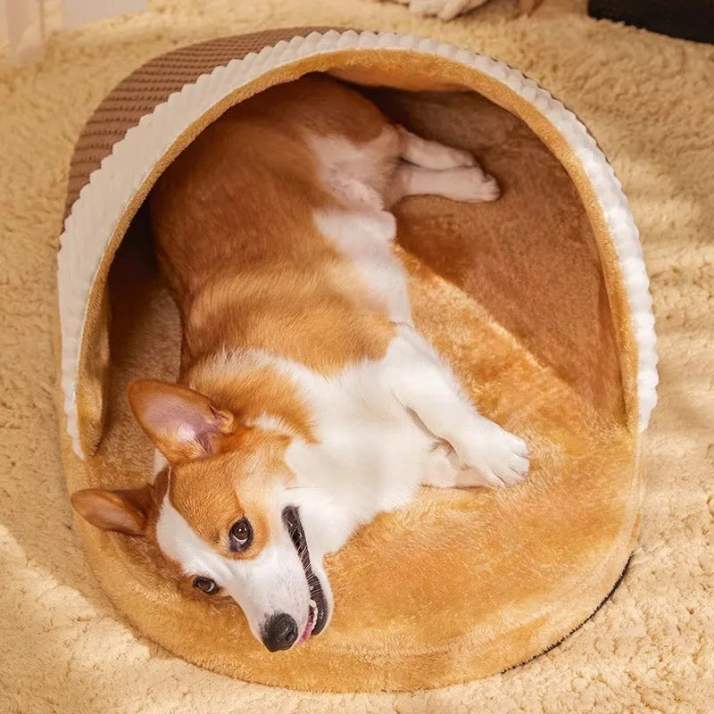 Brown dog nest sleeping bag bed with a removable cover for small to medium-sized dogs.