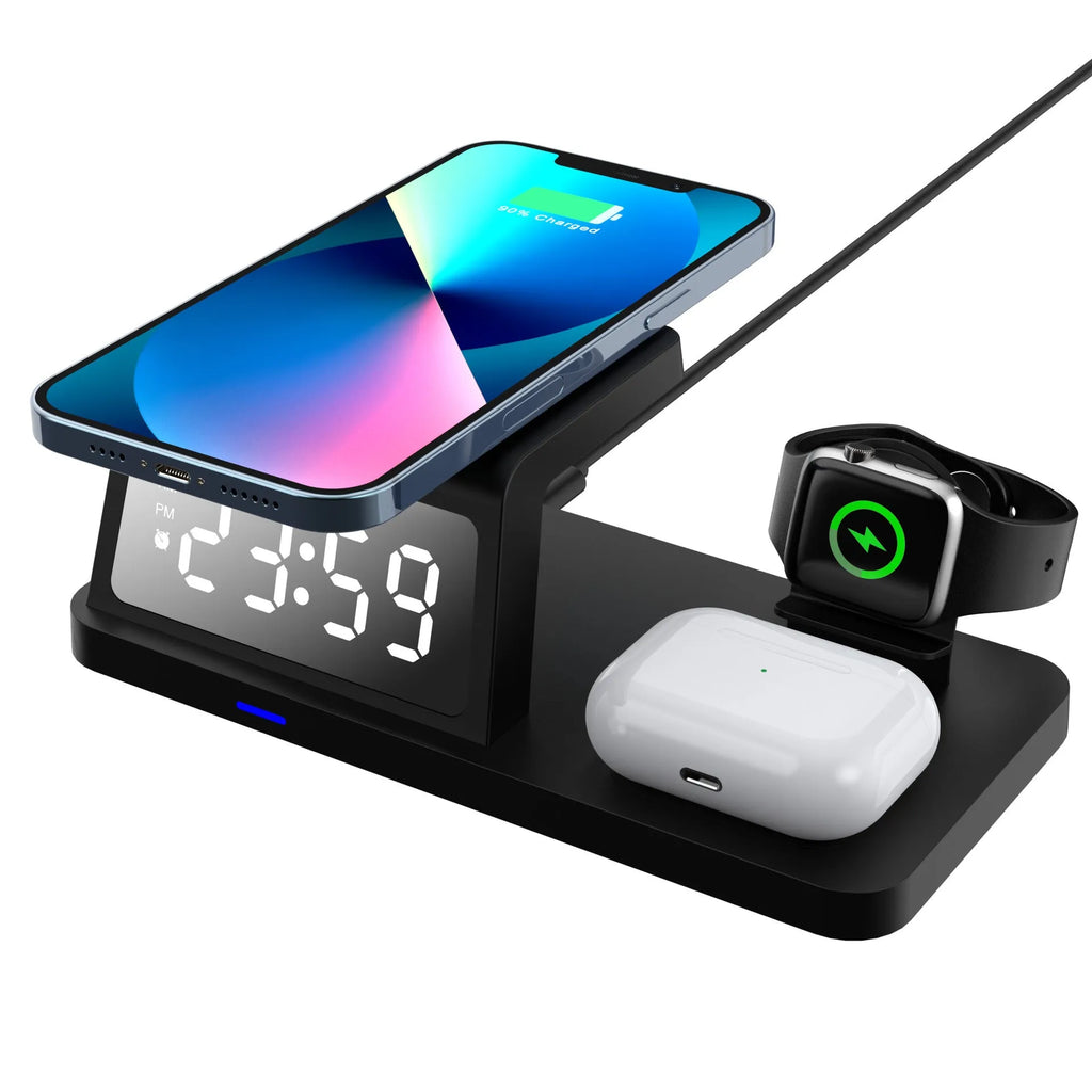 Four-in-one clock wireless charger in white or black with 15W output, QC3.0, and Type-C interface, model HT506