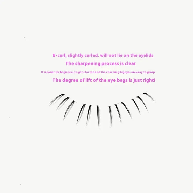 12-row segmented false eyelashes with kitten's paw lower lashes, natural sheer root, 4mm 5mm 6mm lengths.