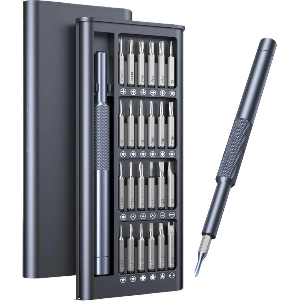 25-in-one magnetic precision screwdriver set with chrome vanadium steel bits and black ABS handle.