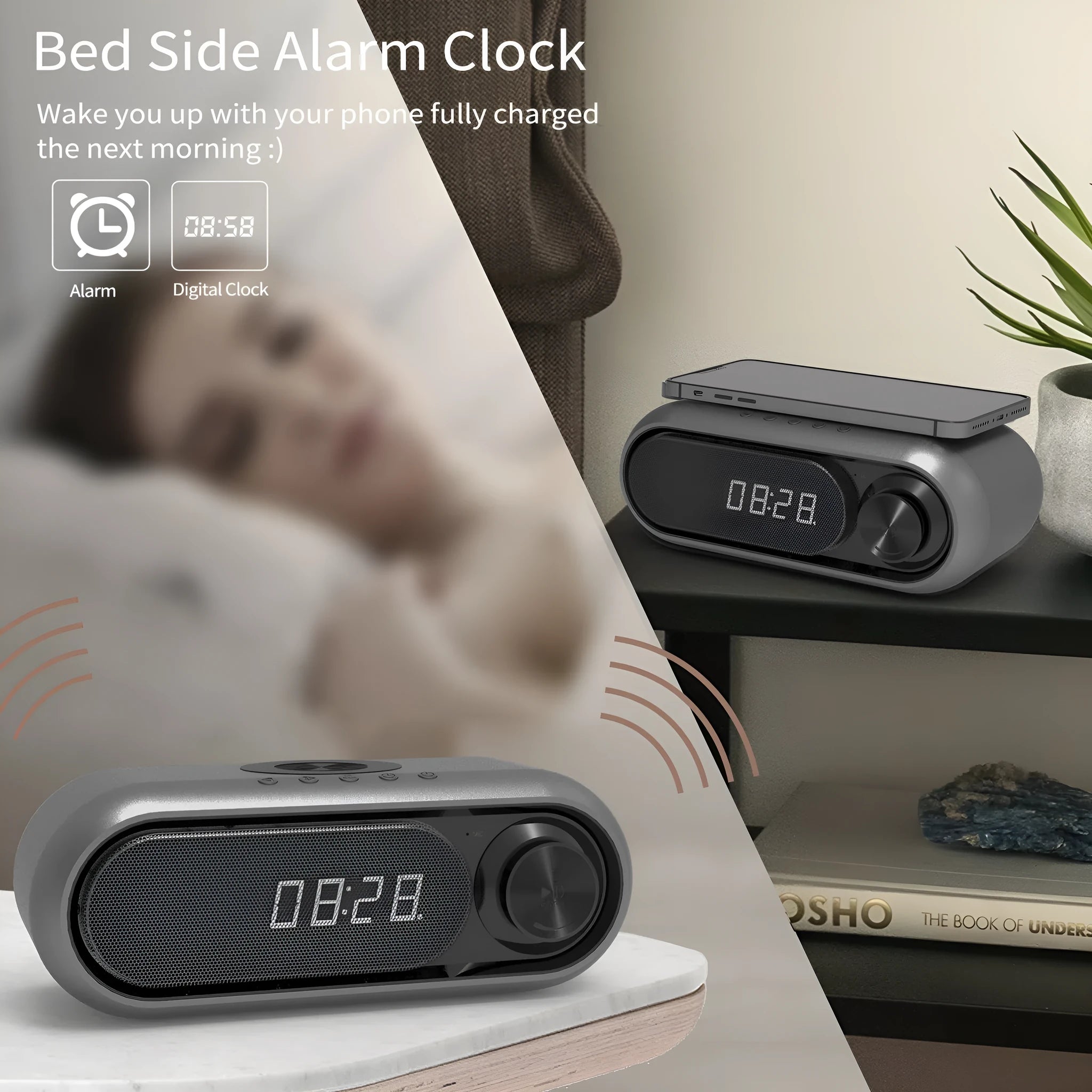Space grey bedside wireless charging alarm clock with digital display and Bluetooth speaker