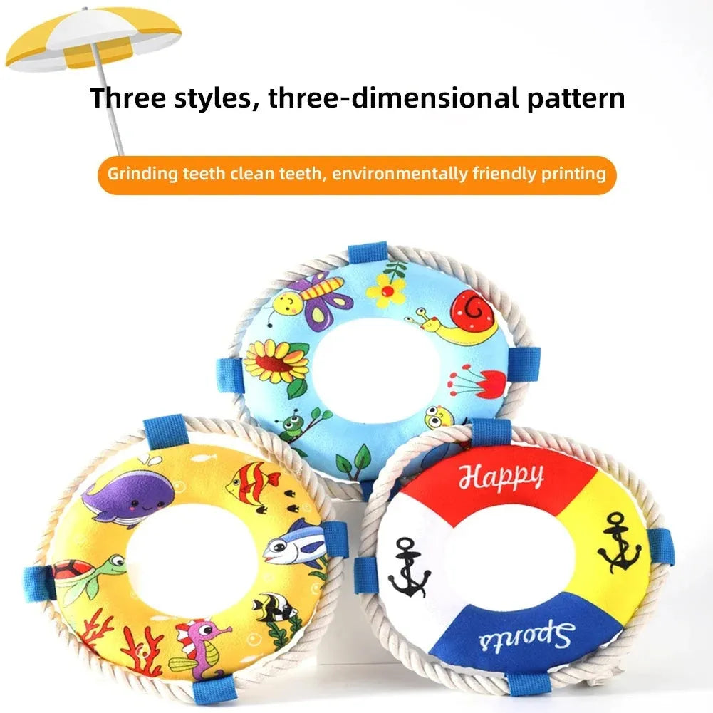 Soft plush dog pull ring chew toy with squeaker in yellow fish design.
