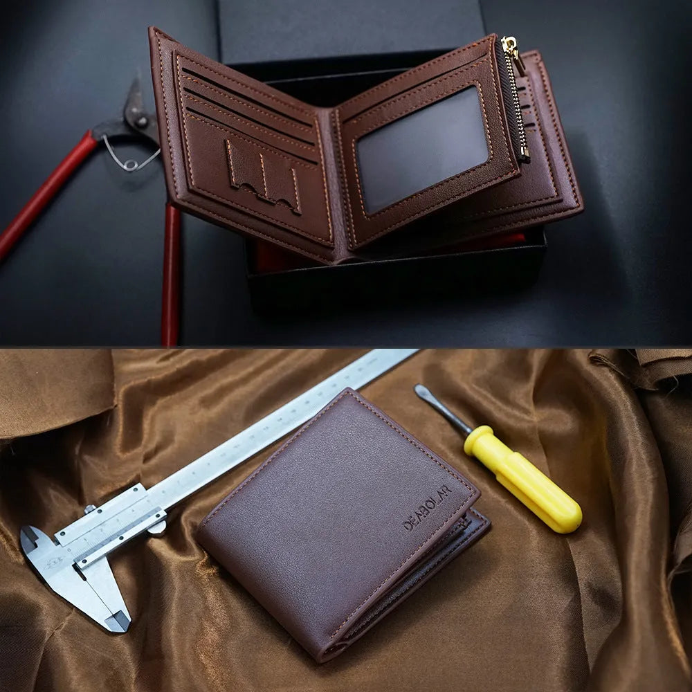 Men's genuine leather zip closure wallet showing card slots and cash compartment.