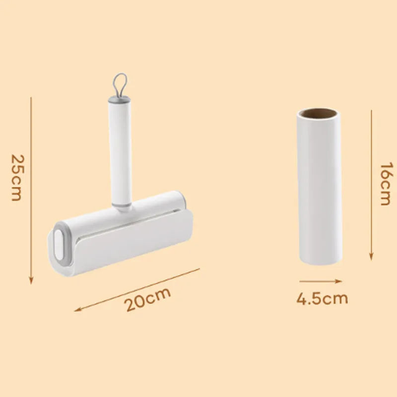 Lint remover roller with plastic handle and tearable paper roll for removing pet hair and dust.