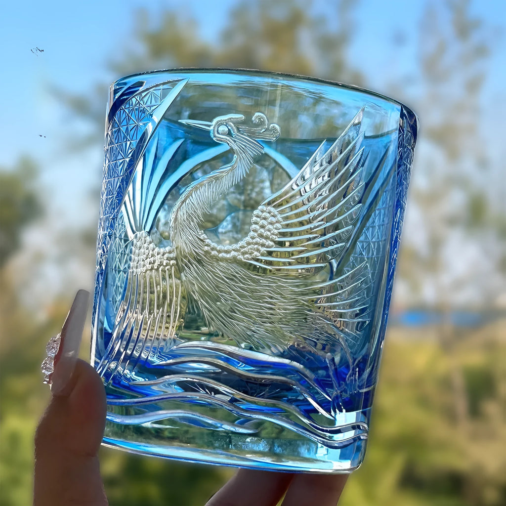 Sky blue hand carved crystal glass whiskey shot glass, 90 x 100mm, 301-400ml capacity, simple modern style