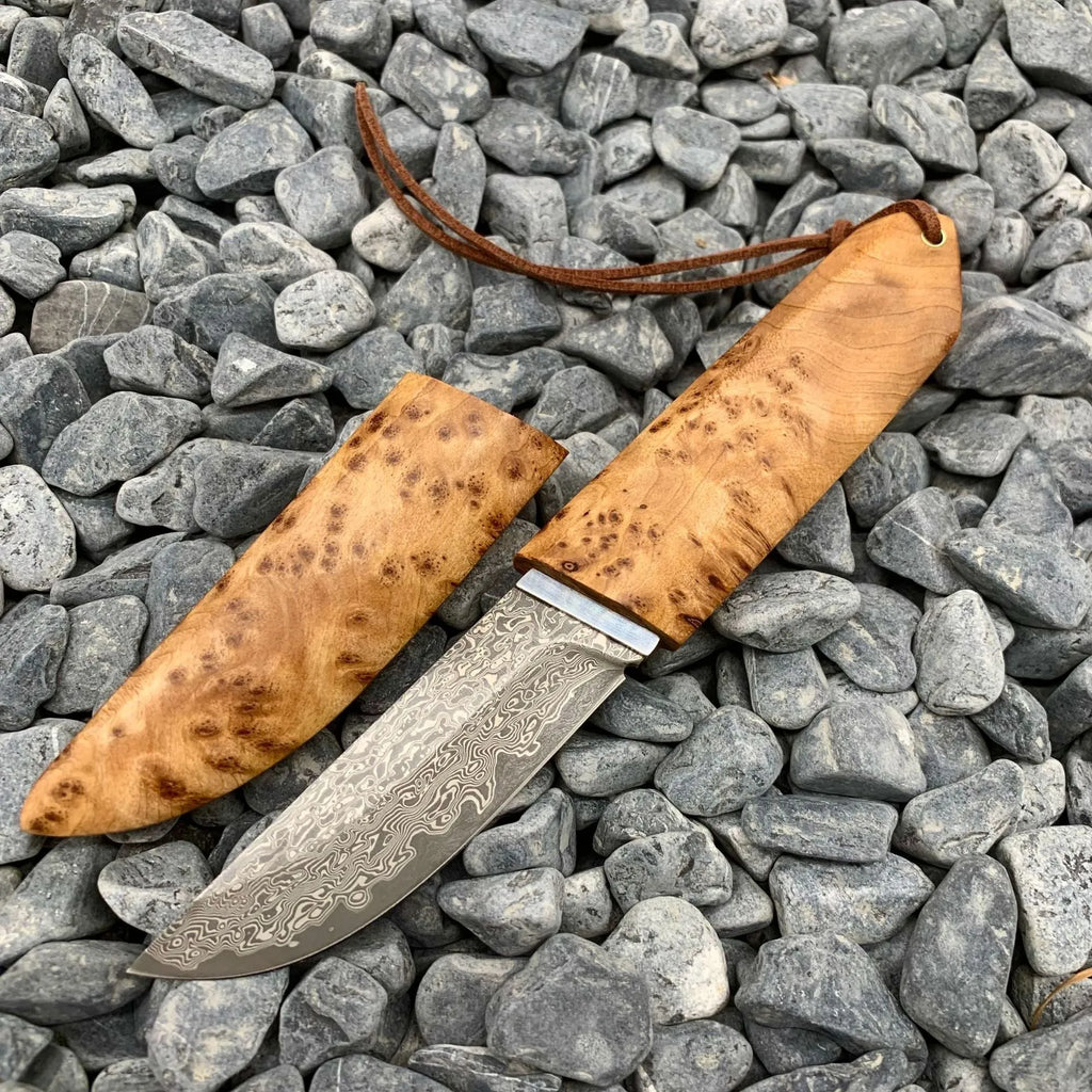 White Shadow Damascus VG10 steel outdoor camping short knife with Thuja wood handle