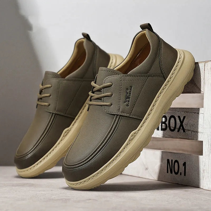 Men's casual leather shoes with plain surface and rubber foam sole in yellow or grey, sizes 38 to 44