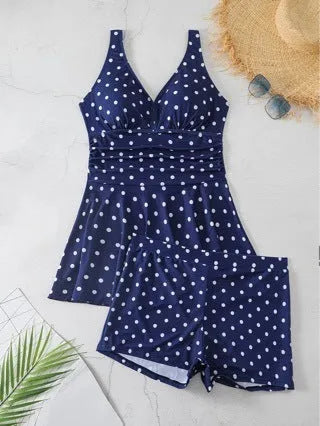 Blue polka dot print plus size women's bikini swimsuit with briefs style shorts