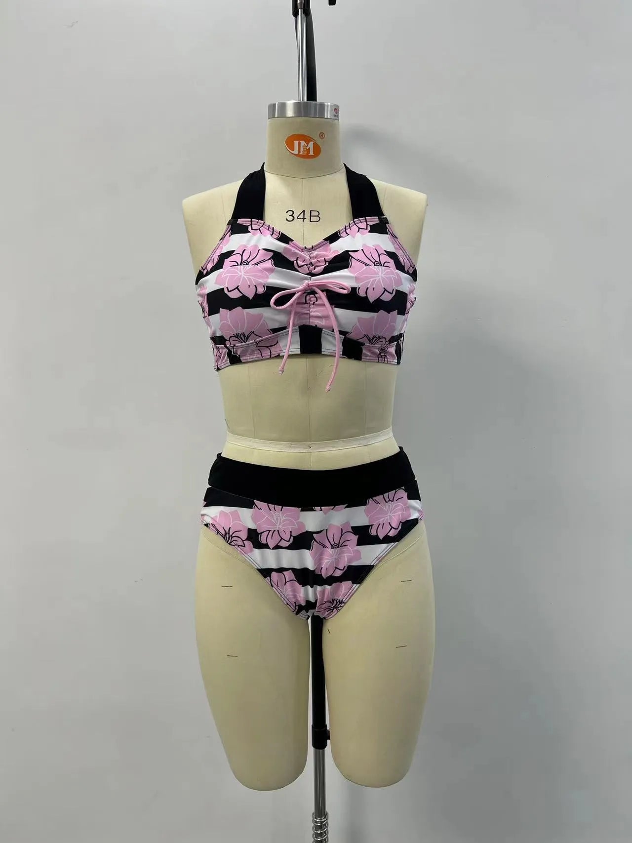 Women's black printed belly covered slimming split bikini for swimming