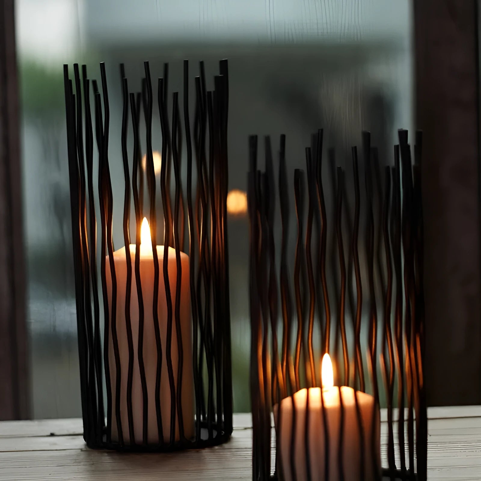 Black wrought iron geometric candle holder handmade with manual craft, available in multiple sizes