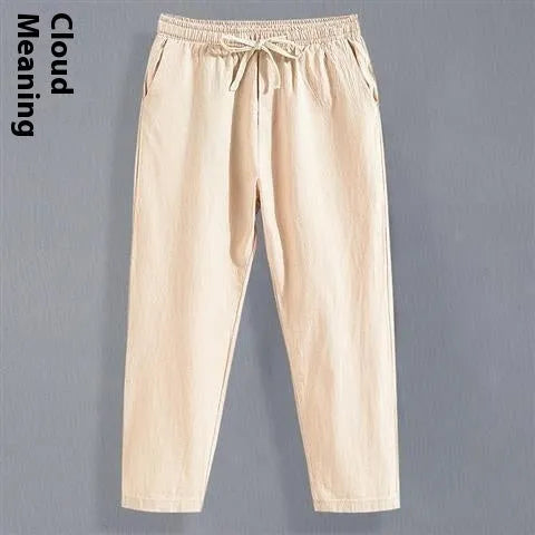 Men's cotton blend linen Tang suit cropped pants in high-waist straight-leg style