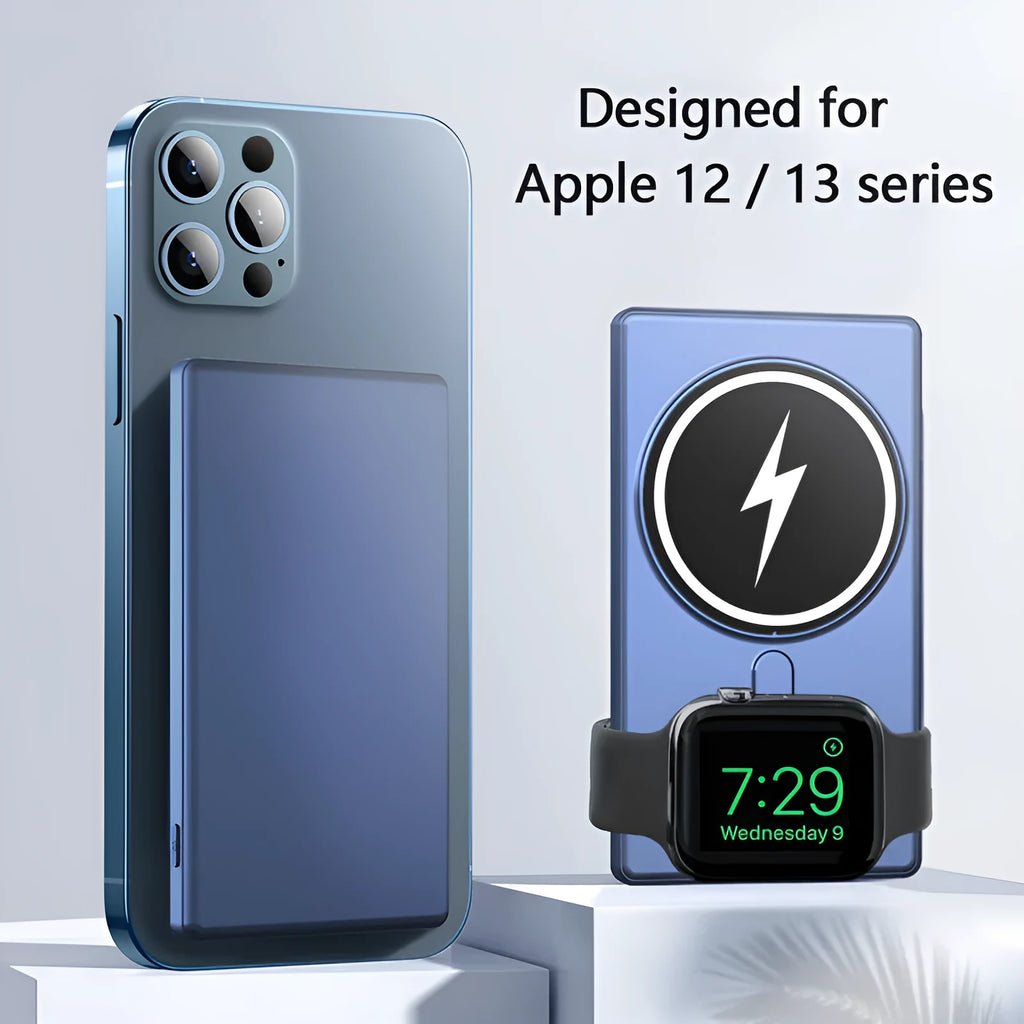 Slim black three-in-one magnetic wireless charging power bank showing USB port and charging surface