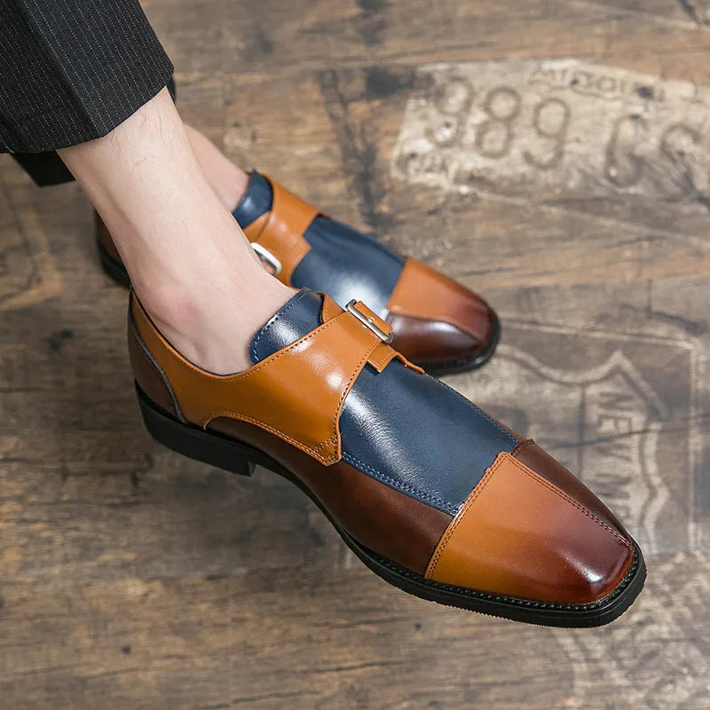 Men's brown-blue retro leather casual shoes with decorative buckle and tall crown
