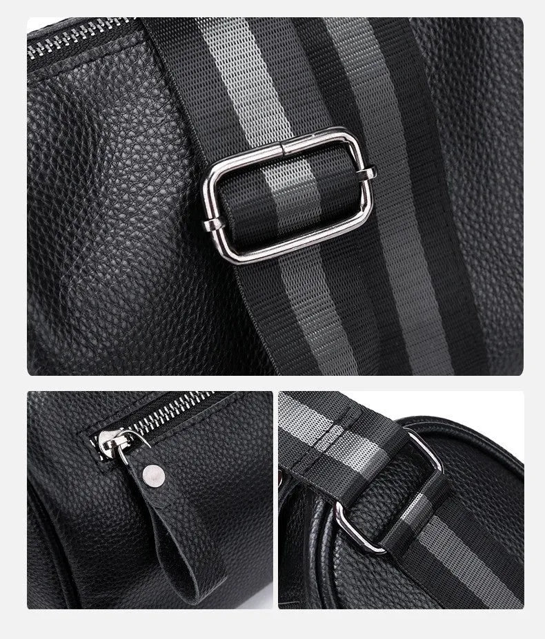 Black genuine leather one-shoulder crossbody bag with dimensions 24cm x 16cm x 13cm