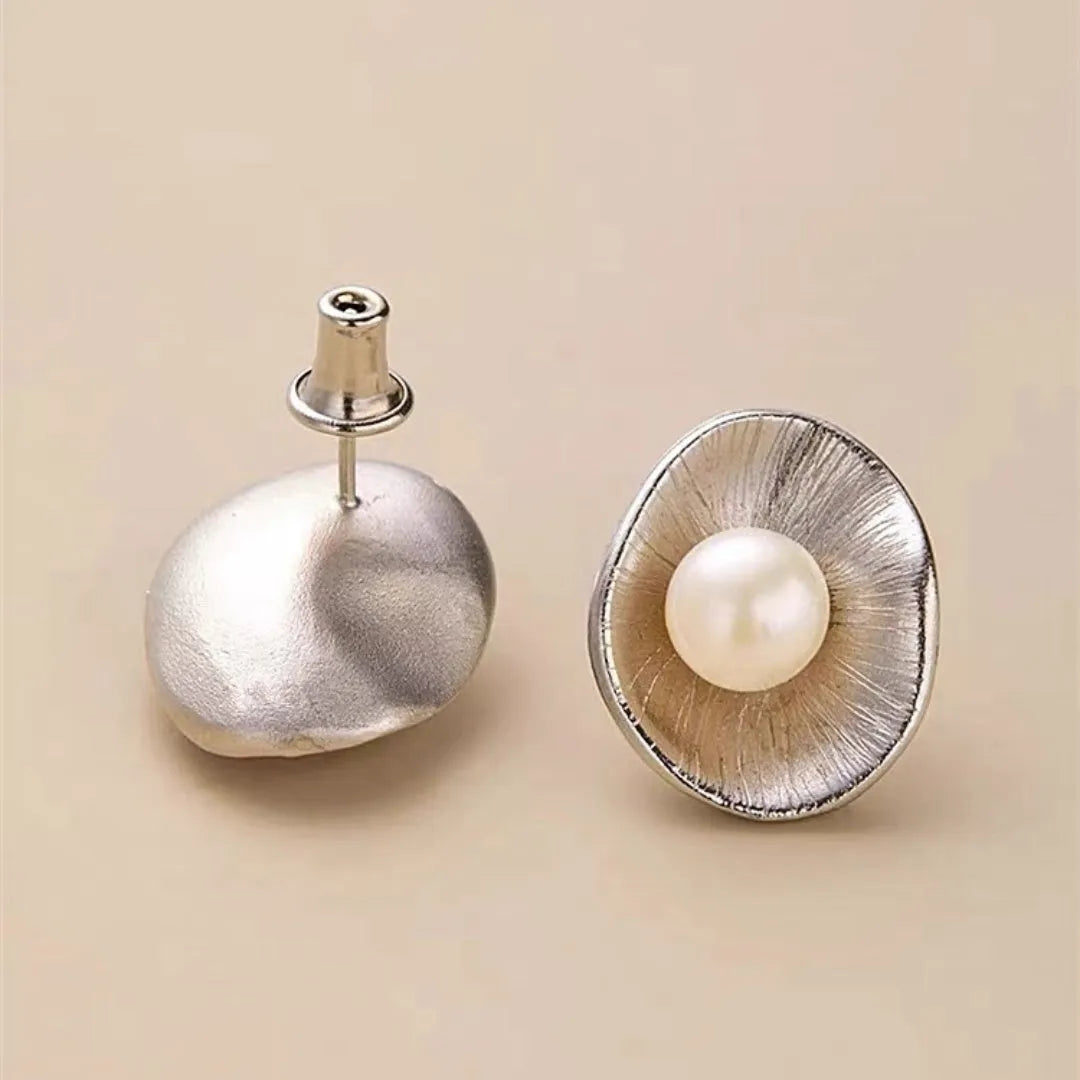 Gold colour pearl geometric sterling silver needle ear studs for women