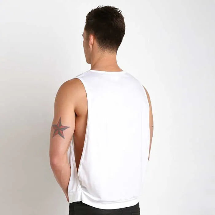 Men's sleeveless loose fit sports vest with large slit in black, front view