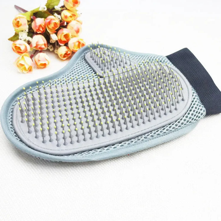 Grey metal pet bathing glove and massage brush, 23.5 x 18.5 cm, hand-worn pet shower grooming mitt