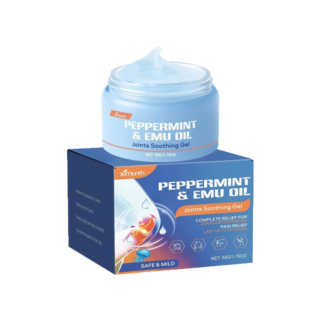 50g white tube of Joint Soothing Gel with menthol, mint, and emu oil on a blue background.