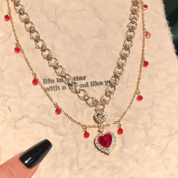 Red love heart pendant on twin layer alloy necklace with adjustable 41-50cm chain