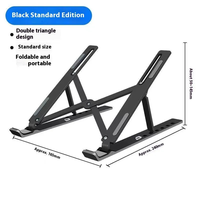 Silver aluminium alloy folding laptop stand holding a laptop, shown alongside its black cloth storage bag.
